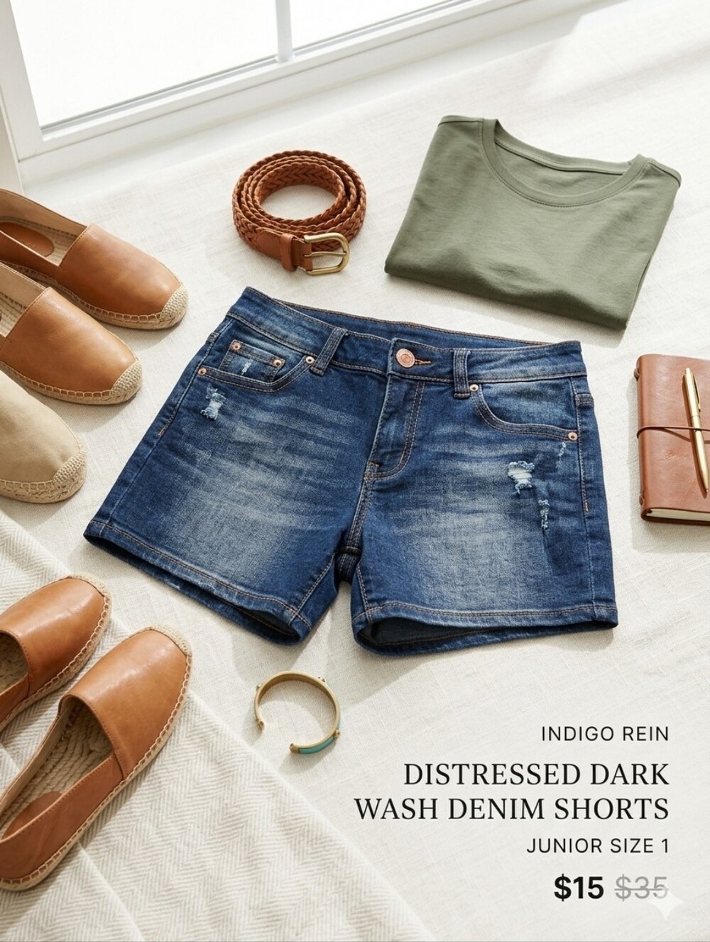 Indigo Rein Distressed Dark Wash Denim Shorts - Junior Size 1
